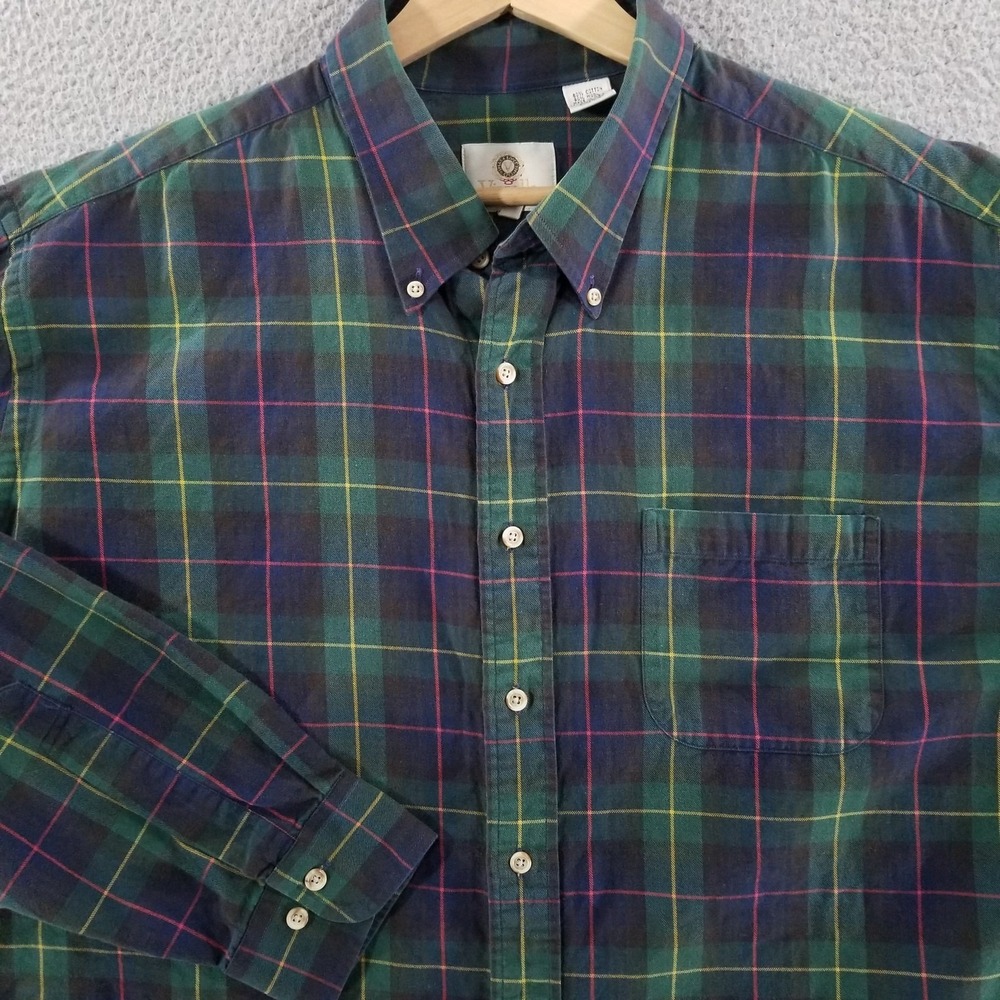 Viyella Shirt Mens XXL Green Navy Plaid Wool Blend USA Button Down Long Sleeve